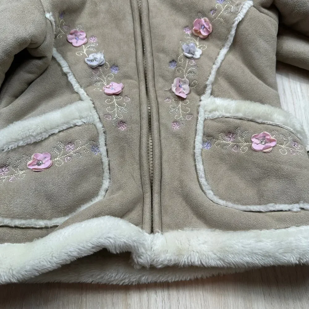 Arizona Jean Co Girls Tan Faux Suede Sherpa Embroidered Y2K Hooded Winter Coat 4